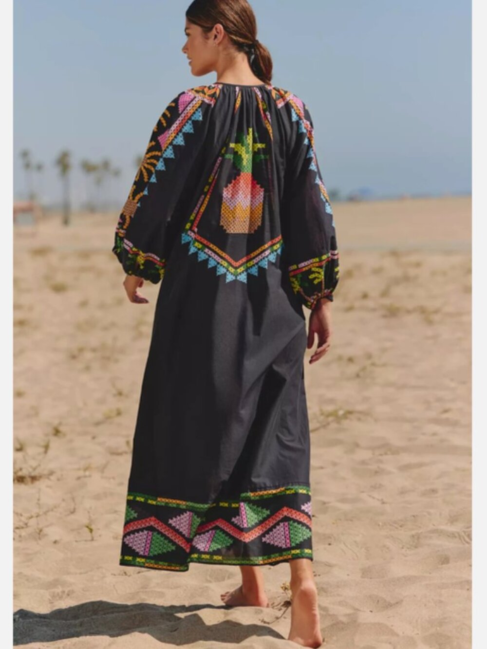 Farm Rio x Anthropologie Long-Sleeve Tie-Front Maxi Dress Pineapple L NWT - Picture 4 of 6